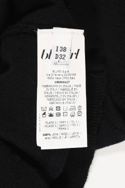 Black wool jersey knit crewneck cardigan ruffle-trimmed long sleeves with silver-tone metal buttons