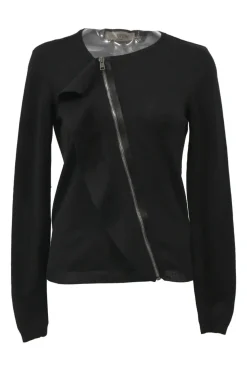 Black wool jersey knit wrap-front zip cardigan