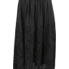 Black wool laser-cut pull-on A-line midi circle skirt featuring floral motif