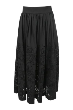 Black wool laser-cut pull-on A-line midi circle skirt featuring floral motif