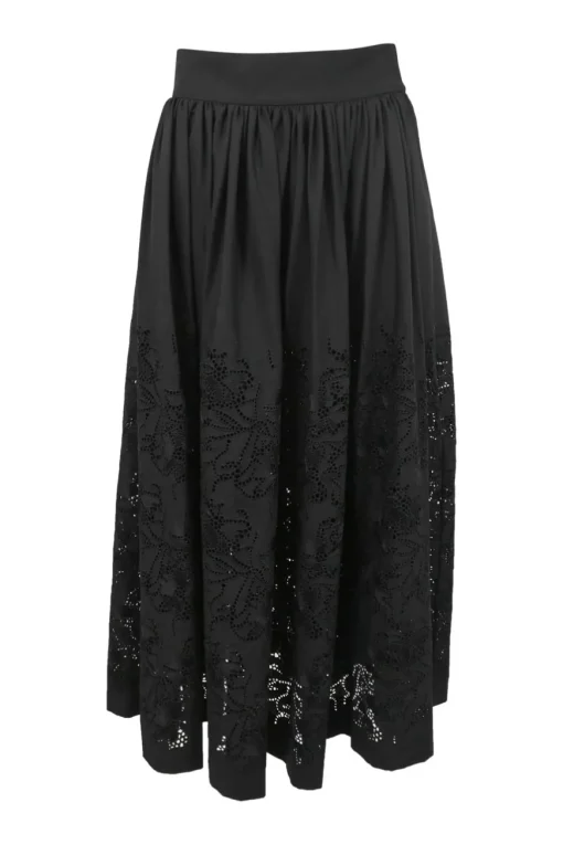 Black wool laser-cut pull-on A-line midi circle skirt featuring floral motif