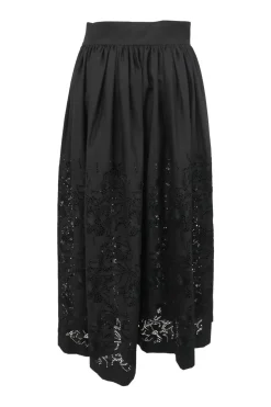 Black wool laser-cut pull-on A-line midi circle skirt featuring floral motif