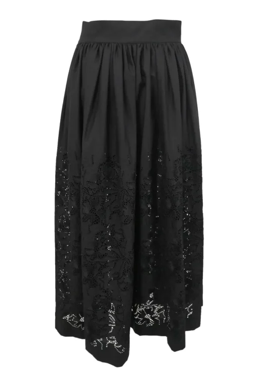 Black wool laser-cut pull-on A-line midi circle skirt featuring floral motif