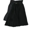 Black wool mixed-media raw edge solid and glen check tweed belted plissé knee-length skirt