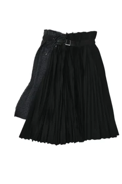 Black wool mixed-media raw edge solid and glen check tweed belted plissé knee-length skirt