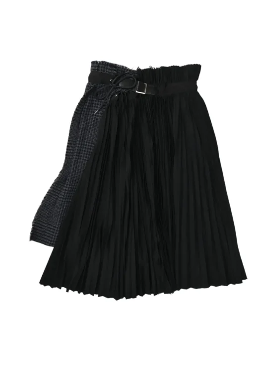 Black wool mixed-media raw edge solid and glen check tweed belted plissé knee-length skirt