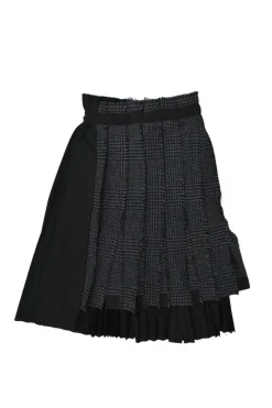 Black wool mixed-media raw edge solid and glen check tweed belted plissé knee-length skirt