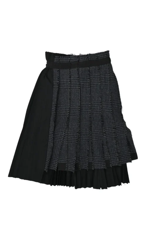 Black wool mixed-media raw edge solid and glen check tweed belted plissé knee-length skirt