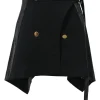 Black wool mixed-media tweed wrap-front handkerchief tailored skirt with pull tab belt and tonal faux leather inserts