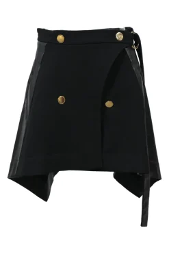 Black wool mixed-media tweed wrap-front handkerchief tailored skirt with pull tab belt and tonal faux leather inserts