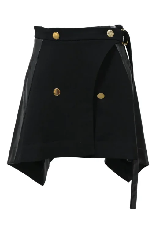 Black wool mixed-media tweed wrap-front handkerchief tailored skirt with pull tab belt and tonal faux leather inserts