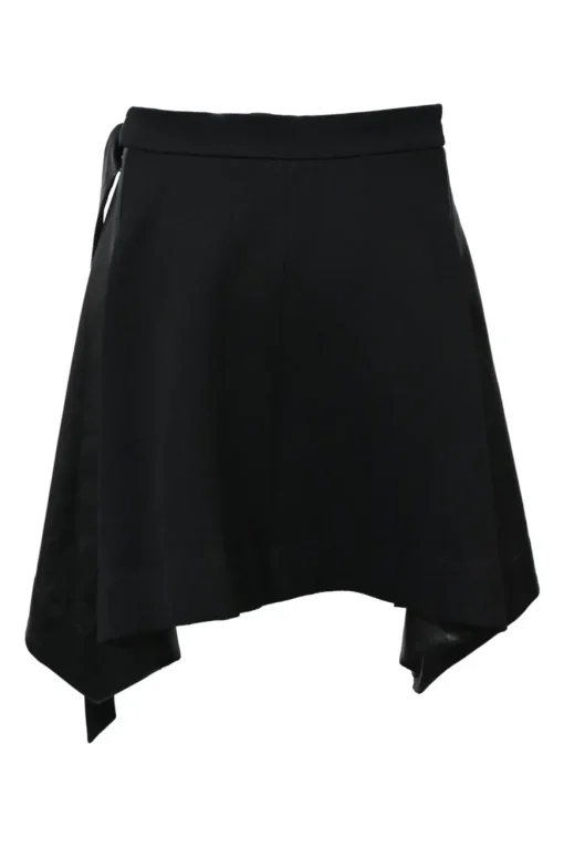 Black wool mixed-media tweed wrap-front handkerchief tailored skirt with pull tab belt and tonal faux leather inserts