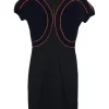 Black wool Ottoman rib knit half-zip pullover sheath dress with contrast trim