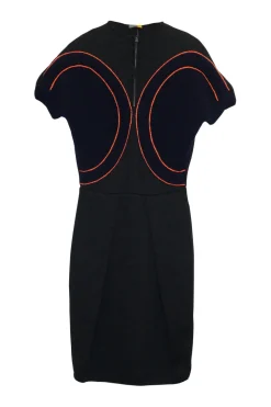 Black wool Ottoman rib knit half-zip pullover sheath dress with contrast trim