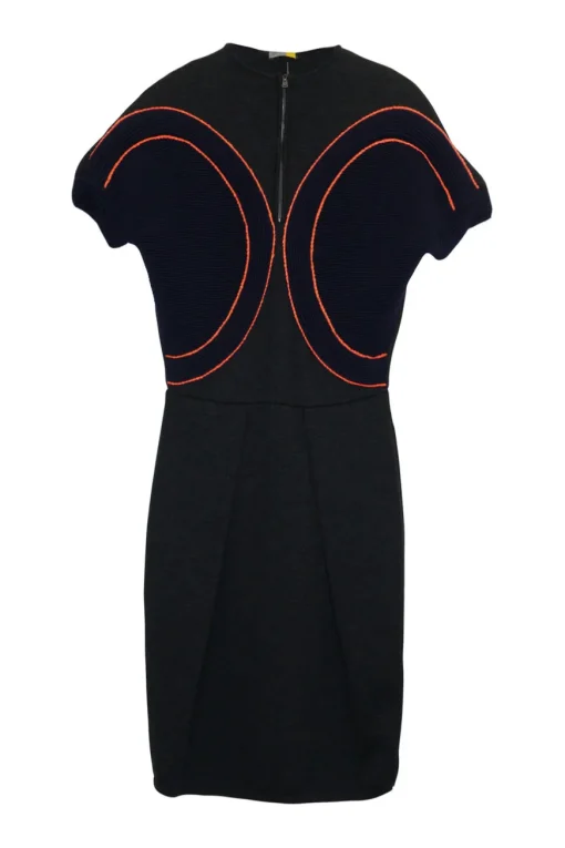 Black wool Ottoman rib knit half-zip pullover sheath dress with contrast trim
