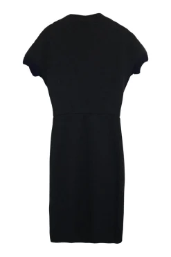 Black wool Ottoman rib knit half-zip pullover sheath dress with contrast trim