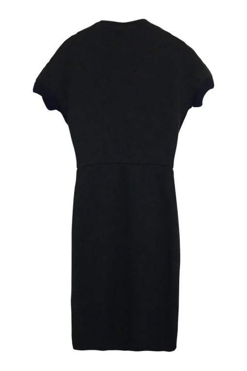 Black wool Ottoman rib knit half-zip pullover sheath dress with contrast trim