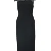 Black wool peek-a-boo collared pagoda shoulder sheath dress with tonal warp knit mesh inserts