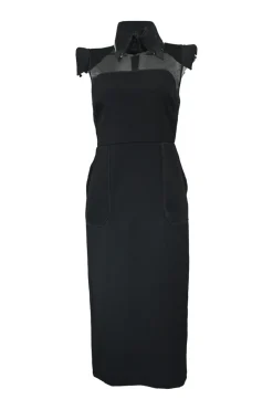 Black wool peek-a-boo collared pagoda shoulder sheath dress with tonal warp knit mesh inserts