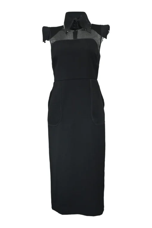 Black wool peek-a-boo collared pagoda shoulder sheath dress with tonal warp knit mesh inserts