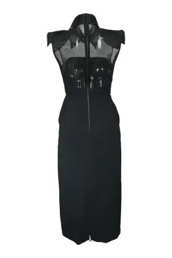 Black wool peek-a-boo collared pagoda shoulder sheath dress with tonal warp knit mesh inserts
