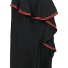 Black wool pull-on high-waist pencil skirt with spiral cascade ruffle trim appliqué