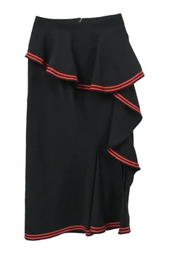 Black wool pull-on high-waist pencil skirt with spiral cascade ruffle trim appliqué
