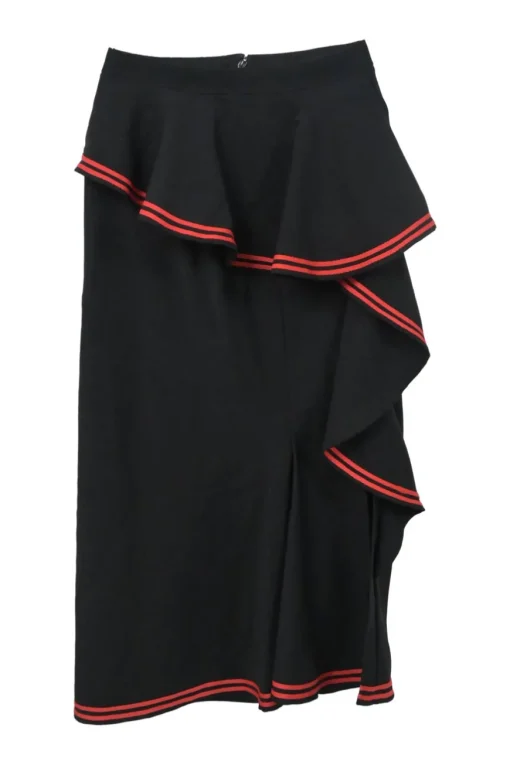 Black wool pull-on high-waist pencil skirt with spiral cascade ruffle trim appliqué