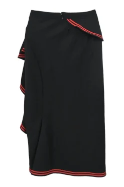 Black wool pull-on high-waist pencil skirt with spiral cascade ruffle trim appliqué