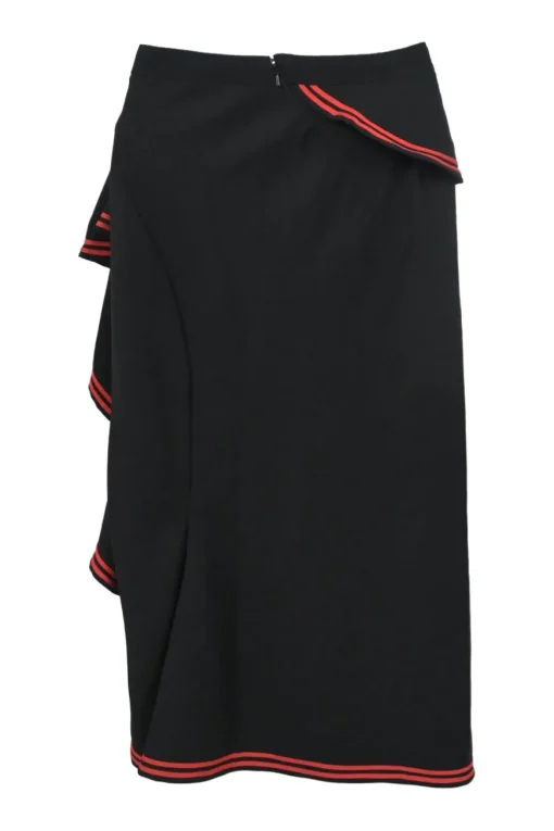 Black wool pull-on high-waist pencil skirt with spiral cascade ruffle trim appliqué