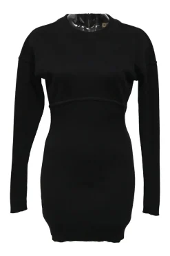 Black wool rib knit crewneck long sleeve sheath dress