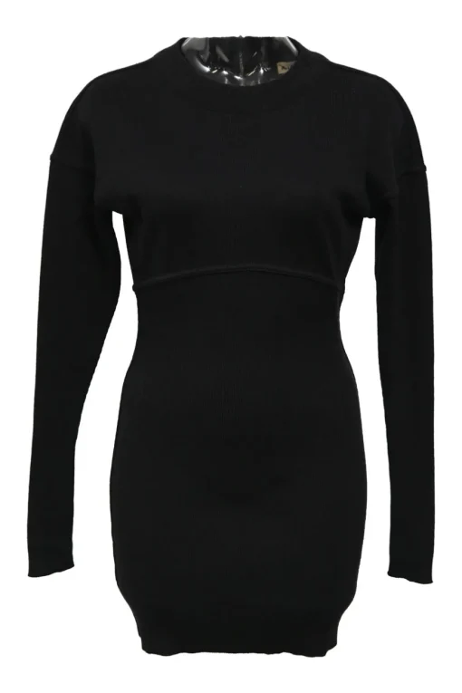 Black wool rib knit crewneck long sleeve sheath dress