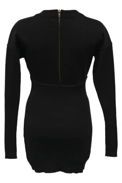 Black wool rib knit crewneck long sleeve sheath dress