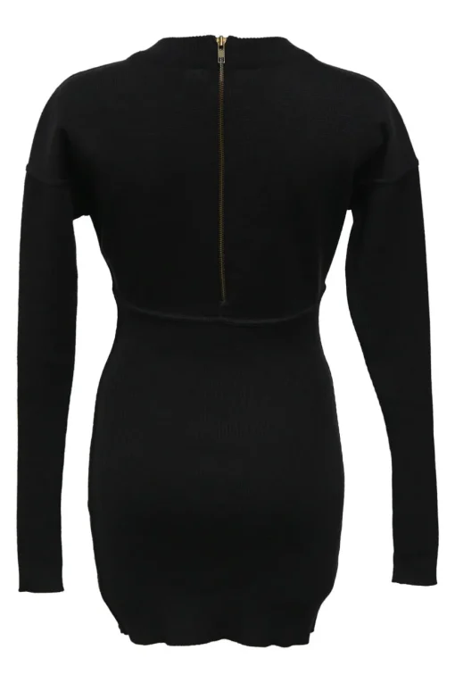 Black wool rib knit crewneck long sleeve sheath dress