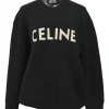 Black wool ribbed oversized crewneck sweater with dropped shoulders and logo patch motif