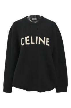 Black wool ribbed oversized crewneck sweater with dropped shoulders and logo patch motif
