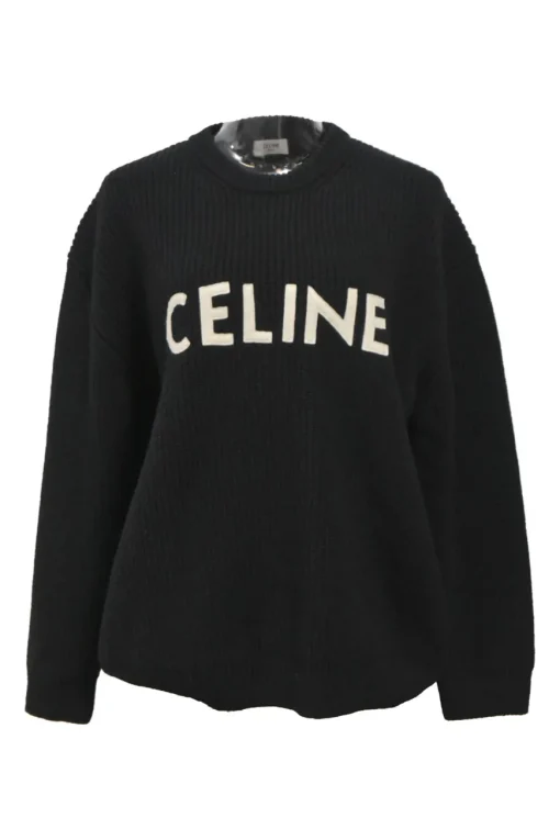 Black wool ribbed oversized crewneck sweater with dropped shoulders and logo patch motif