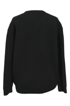 Black wool ribbed oversized crewneck sweater with dropped shoulders and logo patch motif