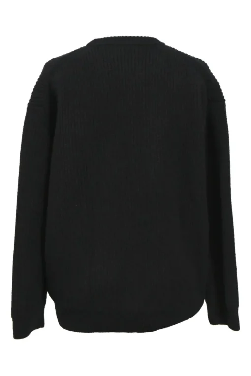 Black wool ribbed oversized crewneck sweater with dropped shoulders and logo patch motif