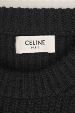 Black wool ribbed oversized crewneck sweater with dropped shoulders and logo patch motif