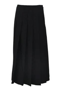 Black wool tailored knife-pleat midi skirt