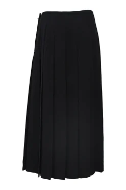 Black wool tailored knife-pleat midi skirt