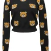 Black wool teddy bear intarsia knit crewneck pullover sweater