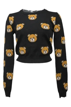 Black wool teddy bear intarsia knit crewneck pullover sweater
