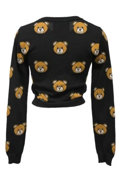 Black wool teddy bear intarsia knit crewneck pullover sweater