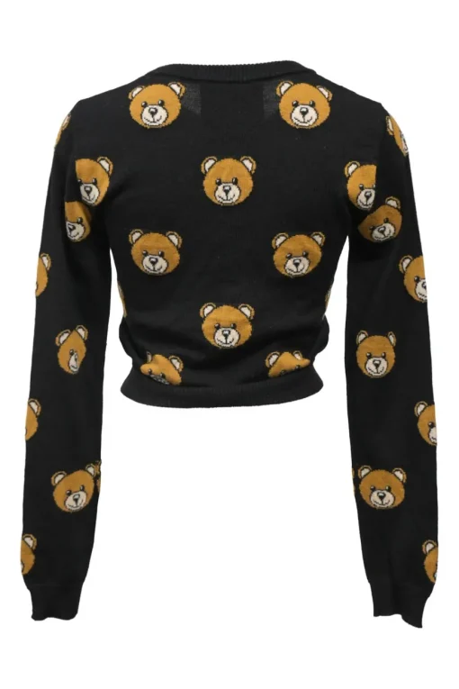 Black wool teddy bear intarsia knit crewneck pullover sweater