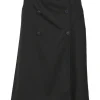 Black wool wrap-front apron-style tailored culotte skort with button-front fastening
