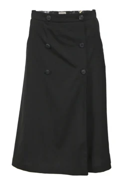 Black wool wrap-front apron-style tailored culotte skort with button-front fastening