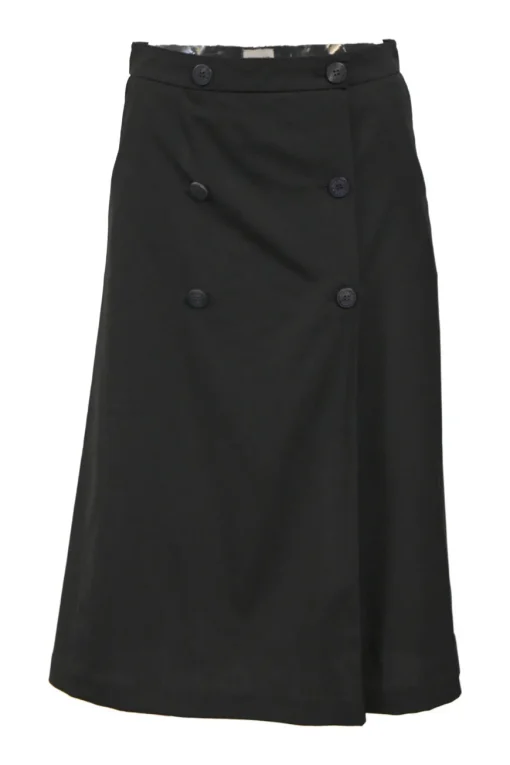 Black wool wrap-front apron-style tailored culotte skort with button-front fastening