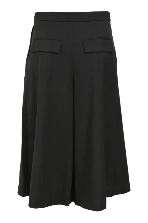 Black wool wrap-front apron-style tailored culotte skort with button-front fastening